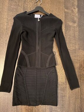 Herve Leger Black Ribbed Zippered Bodycon Dress